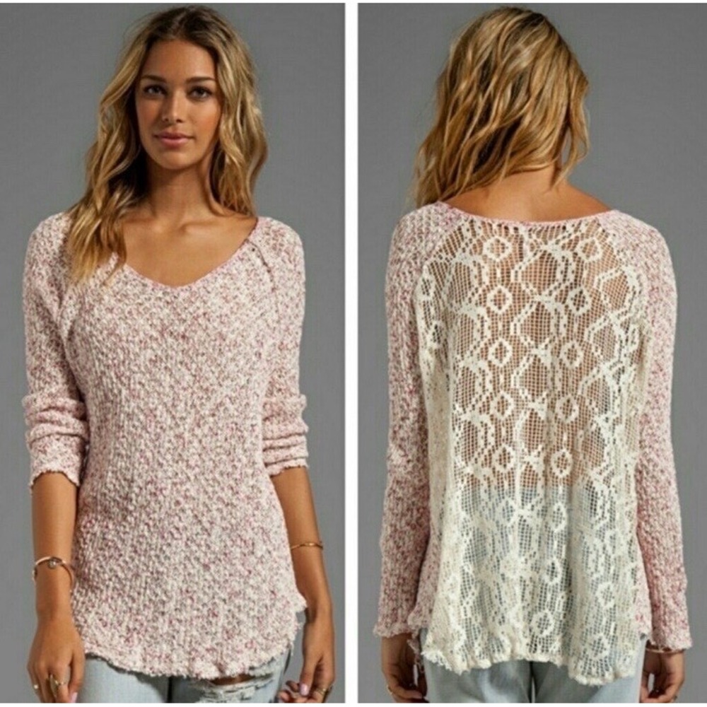 NWT Free People Poppyseed Sweater Womens Sz XS Marled Knit Lace Back Crochet